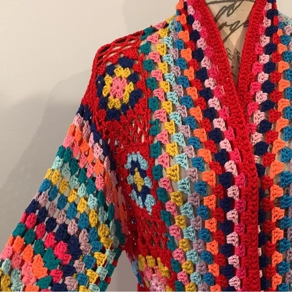Retro Granny Square Colorful Crochet Long Fringe Cardigan - Picture 2 of 12